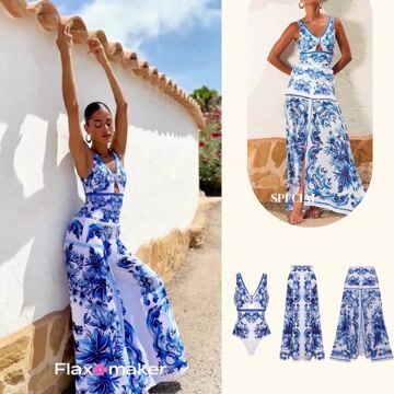 V Neck Majolica Print One Piece Swimsuit and Skirt or Pants