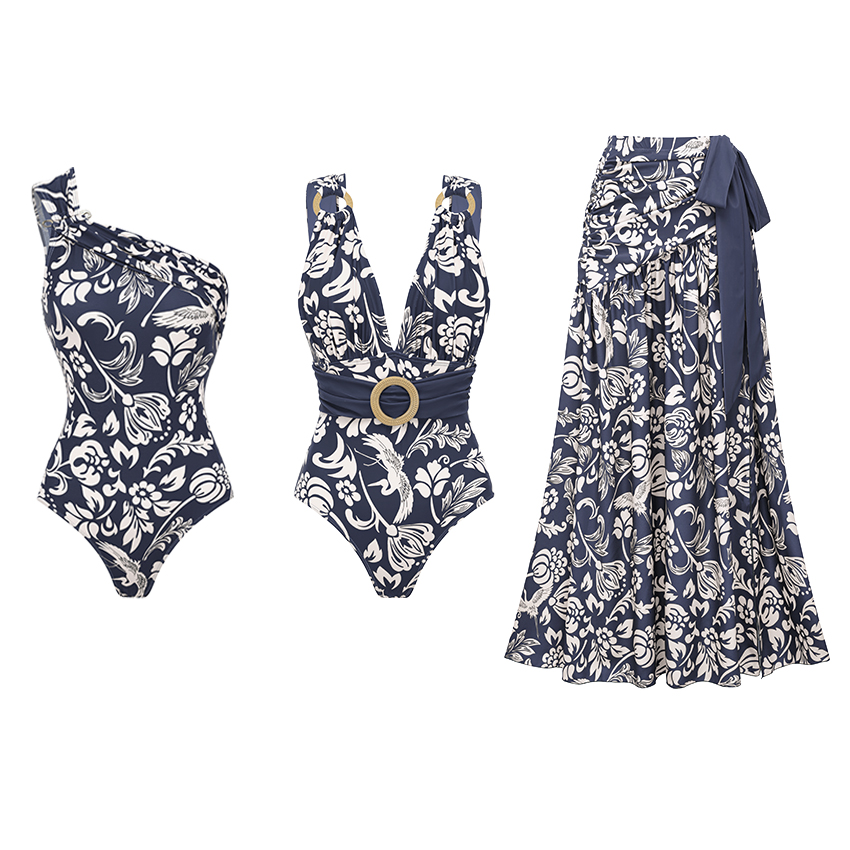 V Neck O-ring Blue Printed Swimsuit Set(s)