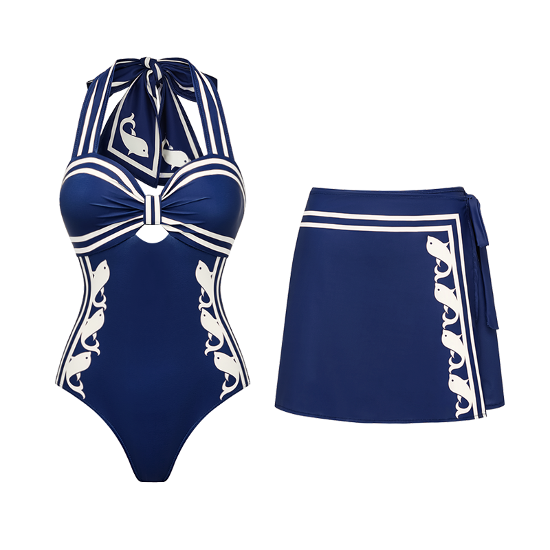 Plus Size Navy Style Printed Bow Tie Decor One Piece Swimsuit and Skirt