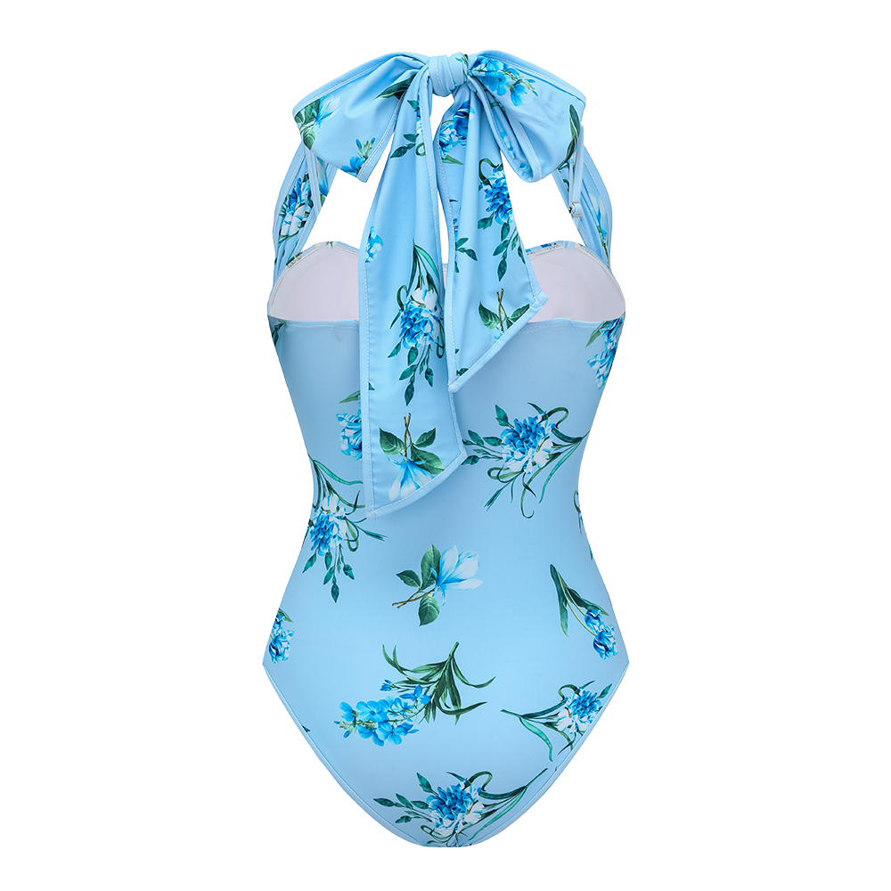 Two Ways Bowknot Floral Printed One Piece Swimsuit and Skirt