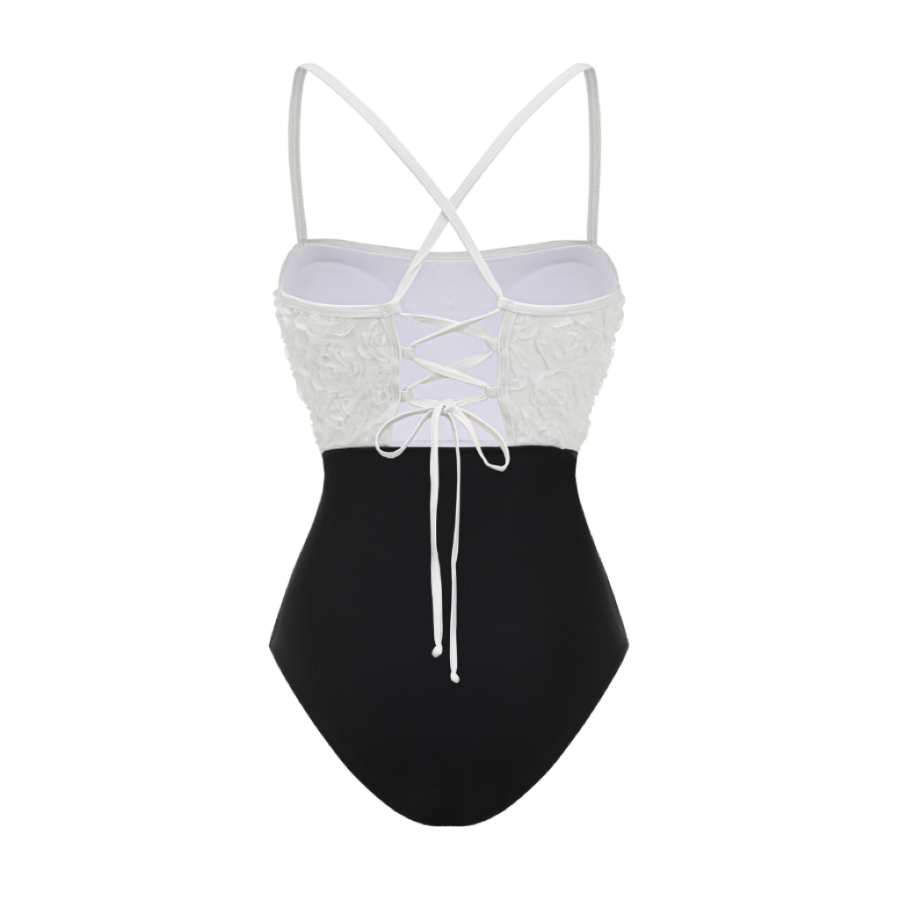 3D Flower Embossed Fabric Color Block One Piece Swimsuit and Skirt ...