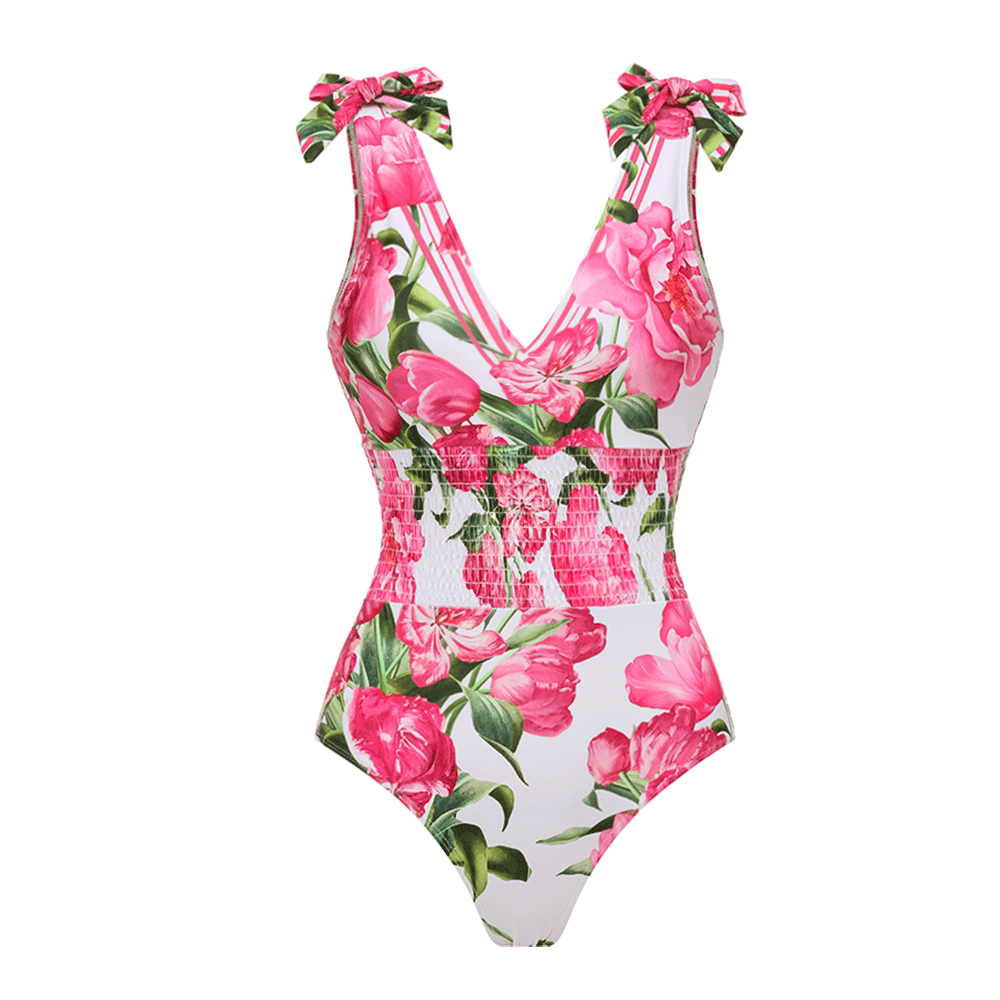Tie Shoulder Shirring Flower Print One Piece Swimsuit and Skirt