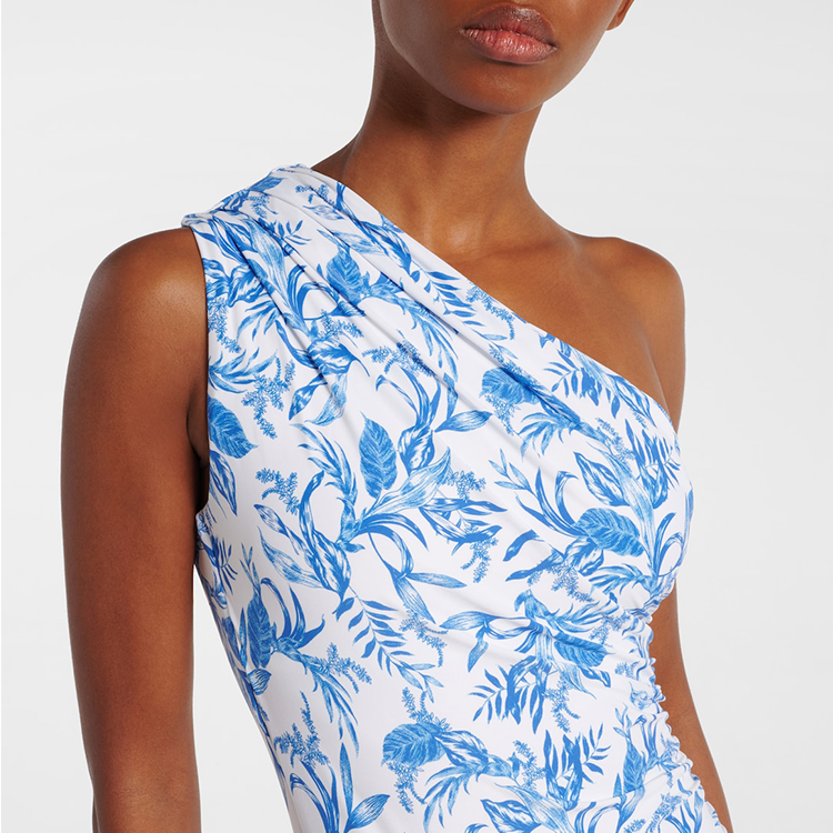 Oblique Shoulder Printed One Piece Swimsuit and Skirt