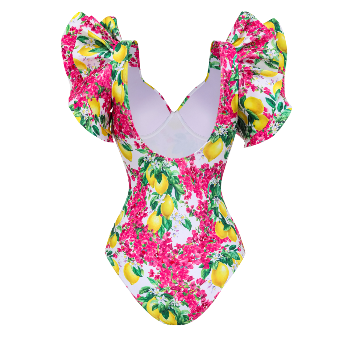 Ruffled Lemon Floral Print One Piece Swimsuit and Tiered Skirt
