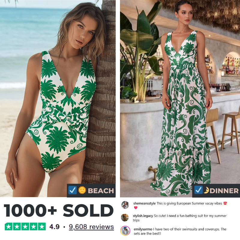 V Neck Printed Knotted at Waist One Piece Swimsuit and Pants Flaxmaker