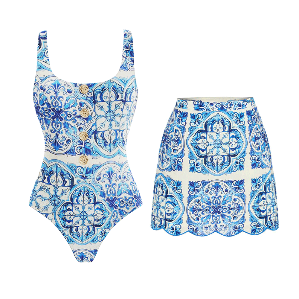 Button Decoration Vintage Print One Piece Swimsuit and Skirt
