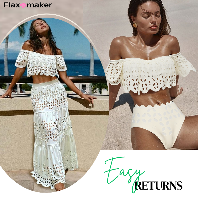 White Laser Hollowing Bikini Swimsuit and Skirt