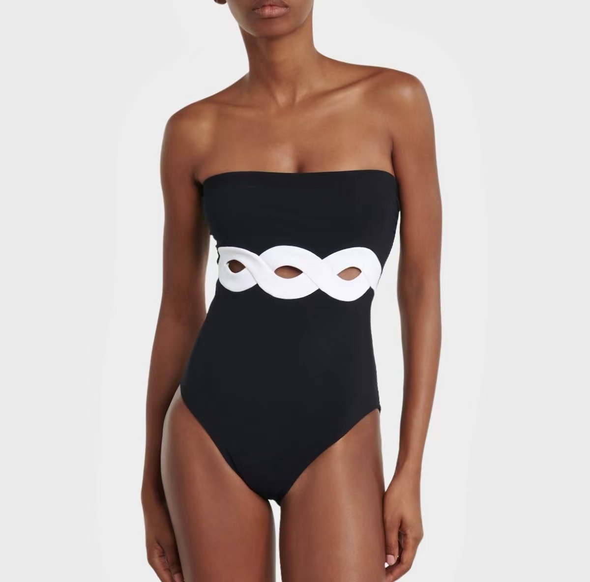 Bandeau Cutout Color Block One Piece Swimsuit And Sarong