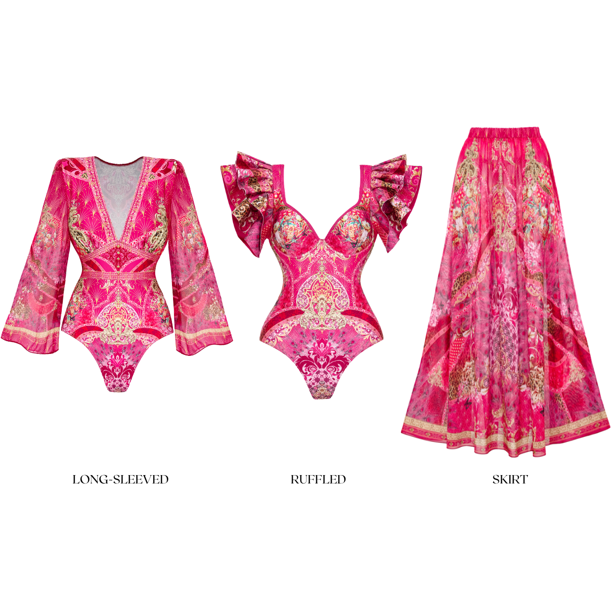 Ruffled Rose Red Blooming Flower Print One Piece Swimsuit and Skirt