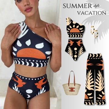 One Shoulder High Waist Bikini Swimsuit and Pants or Skirt Flaxmaker