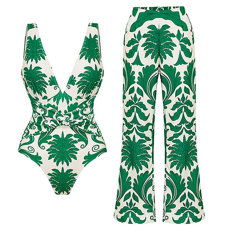 V Neck Printed Knotted at Waist One Piece Swimsuit and Pants Flaxmaker