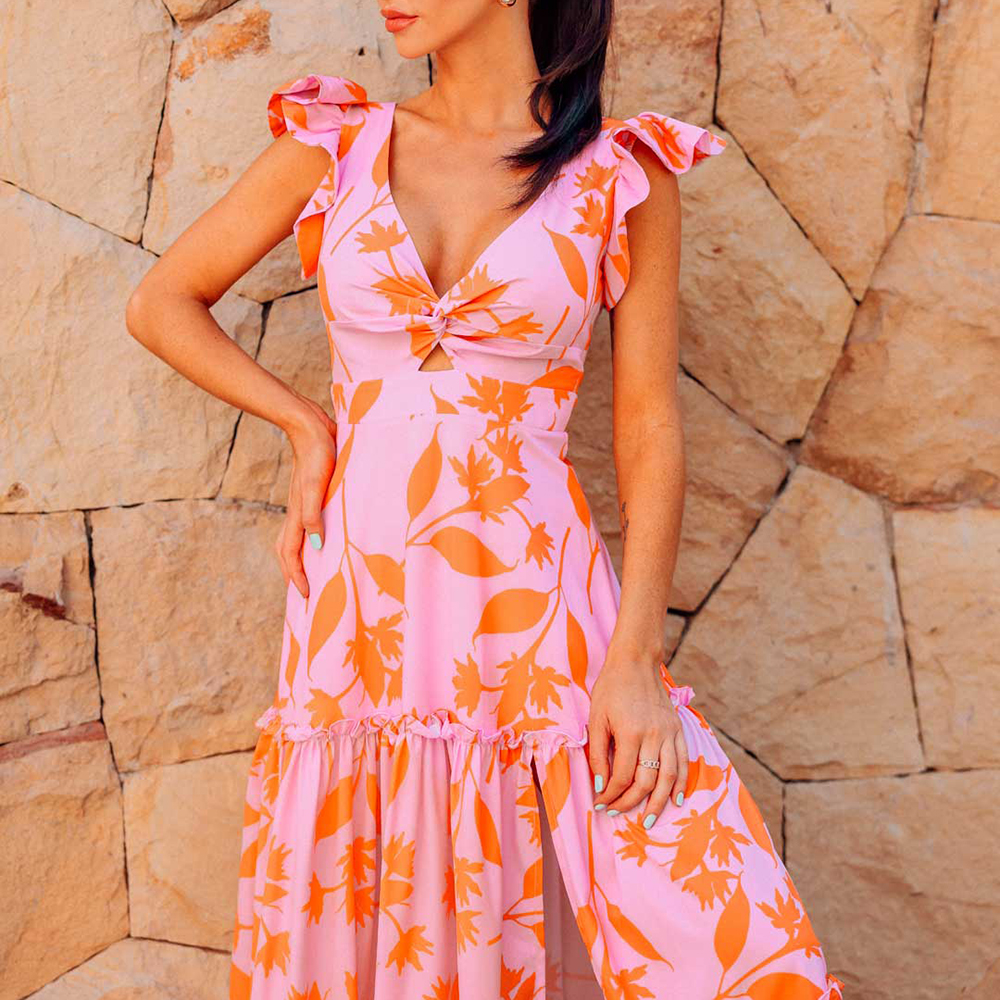 V-neck Orange Leaf Printed One Piece Swimsuit and Skirt
