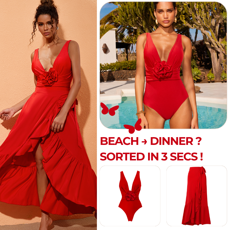 Detachable 3D Flower Red One Piece Swimsuit and Skirt Flaxmaker