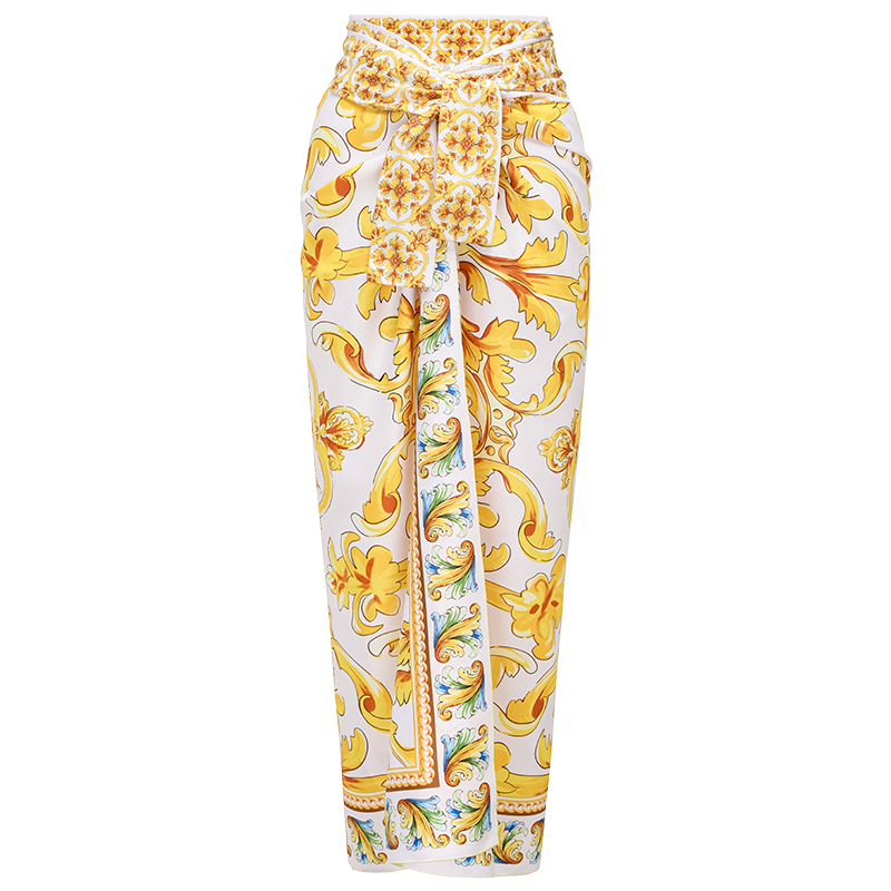 Sling Chest Support Golden Majolica Print One Piece Swimsuit and Sarong or Shorts