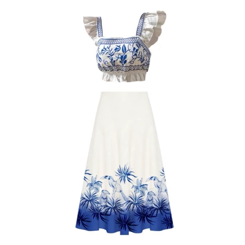 Blue Tropical Print Skirt Set