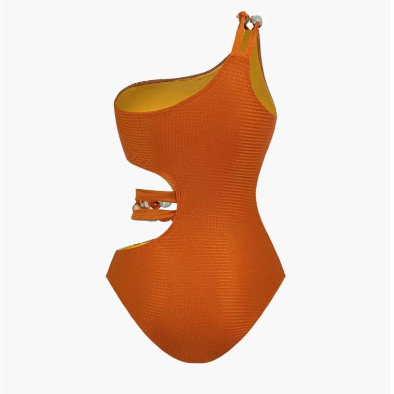 Beaded Cutout One Shoulder One Piece Swimsuit and Sarong Flaxmaker