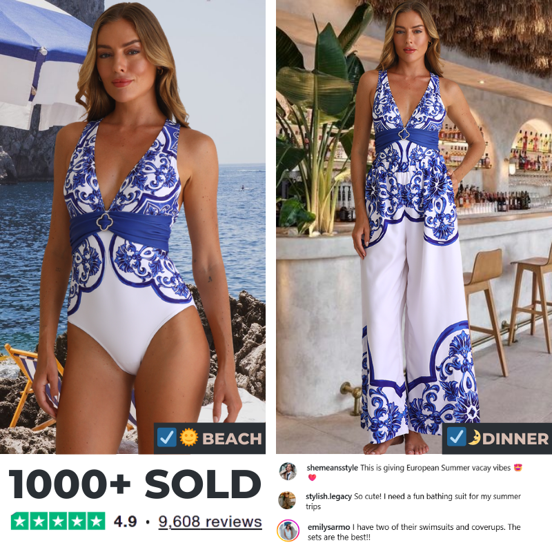 V Neck Classic Majolica Series Pattern Print One Piece Swimsuit and Pants or Shorts