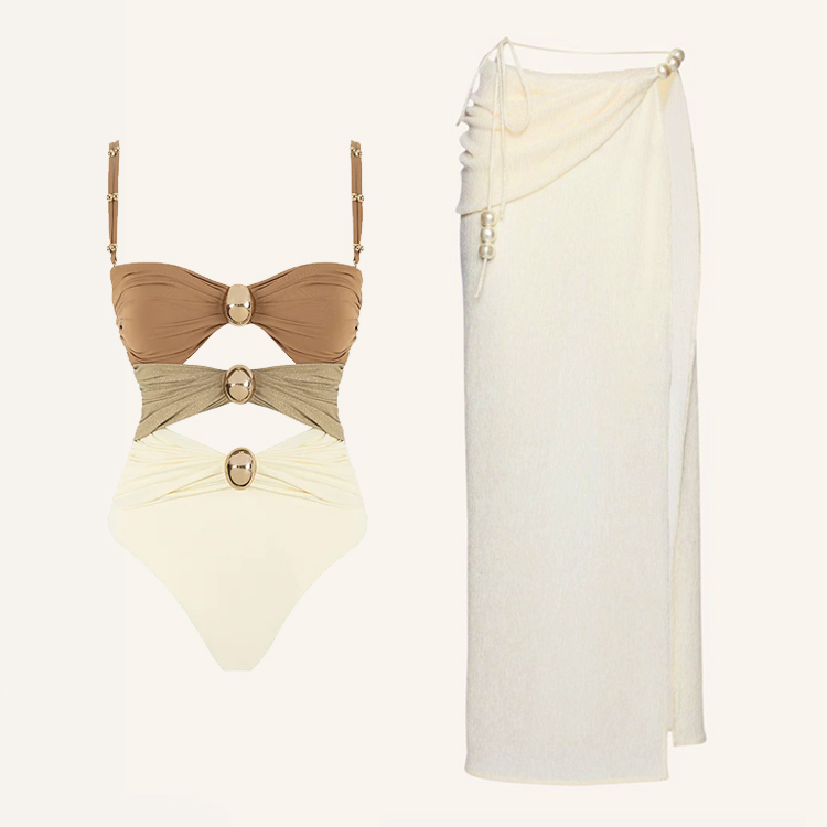 Color Block Cutout One Piece Swimsuit and Sarong