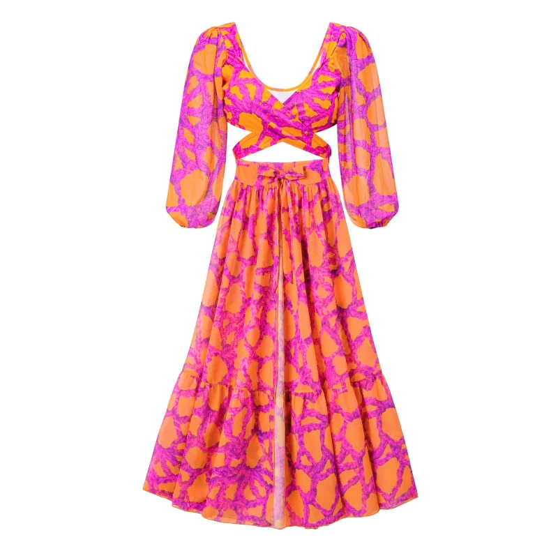 V Neck Net Yarn Long Sleeve Bikini Swimsuit and Skirt