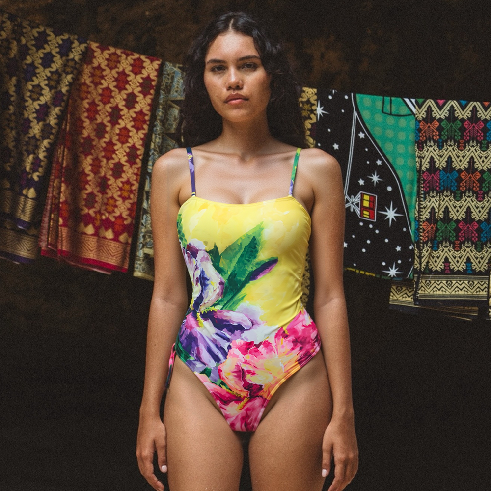 Yellow Oil Painting Flower Print Swimsuit and Sarong