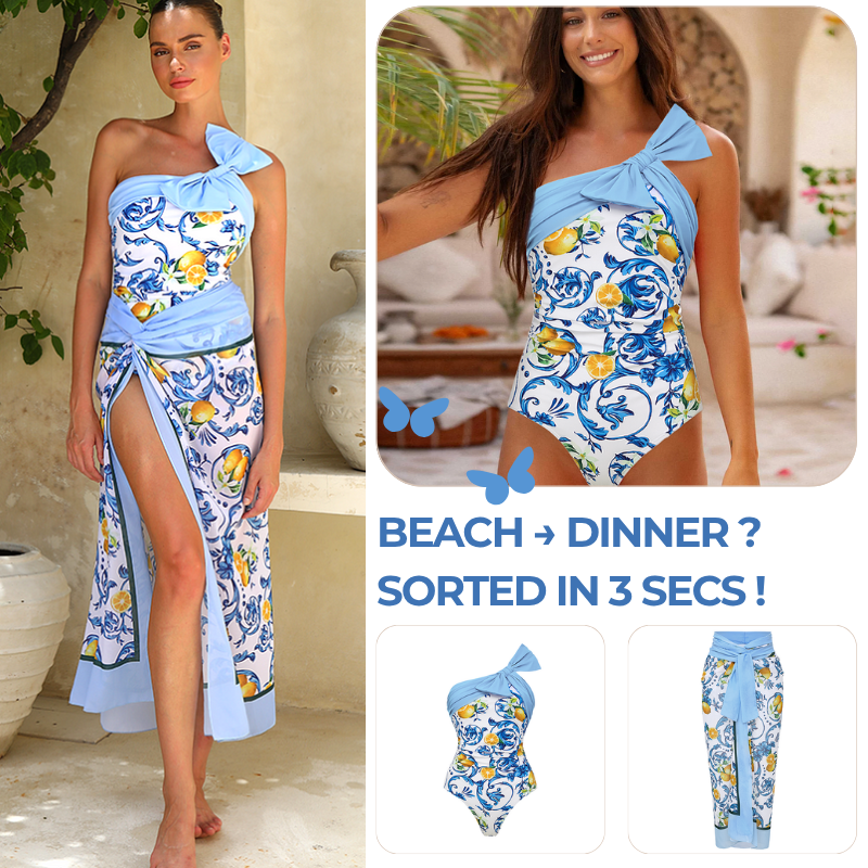 Lemon Print One Shoulder One Piece Swimsuit and Sarong or Skirt Flaxmaker