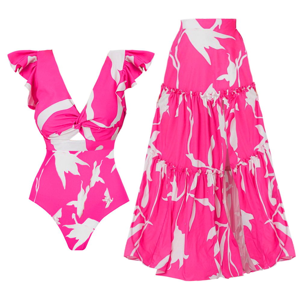 V Neck Ruffle Printed One Piece Swimsuit and Skirt