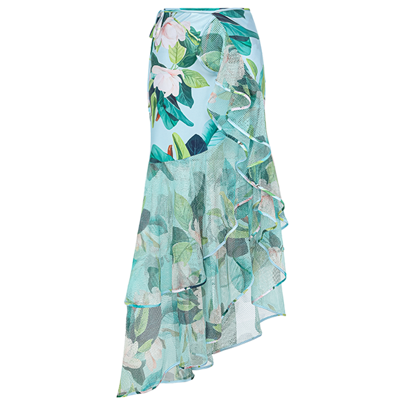 Ruffle Mangnolia Print Bikini Swimsuit and Skirt