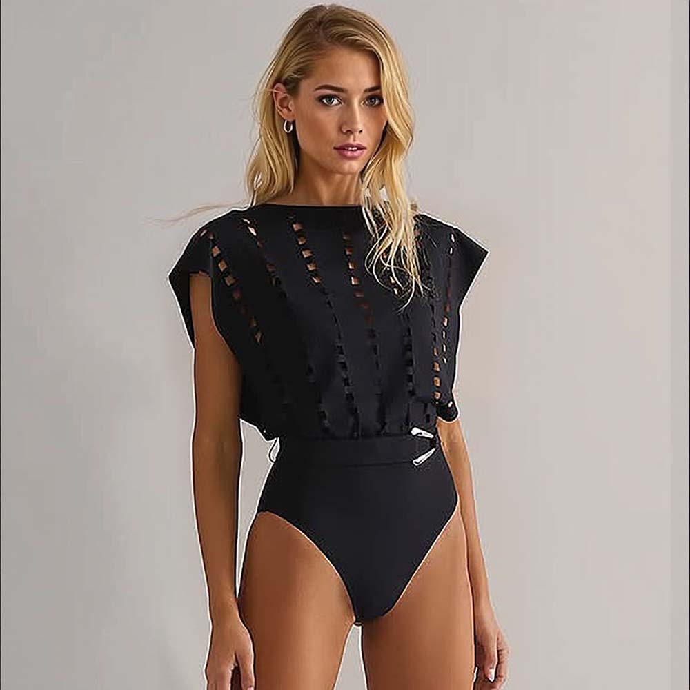 Black Hollow Design One Piece Swimsuit and Skirt