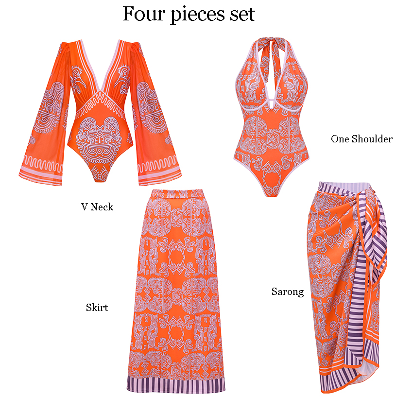 V Neck Long Sleeves Tribal Print Swimsuit Set(s)