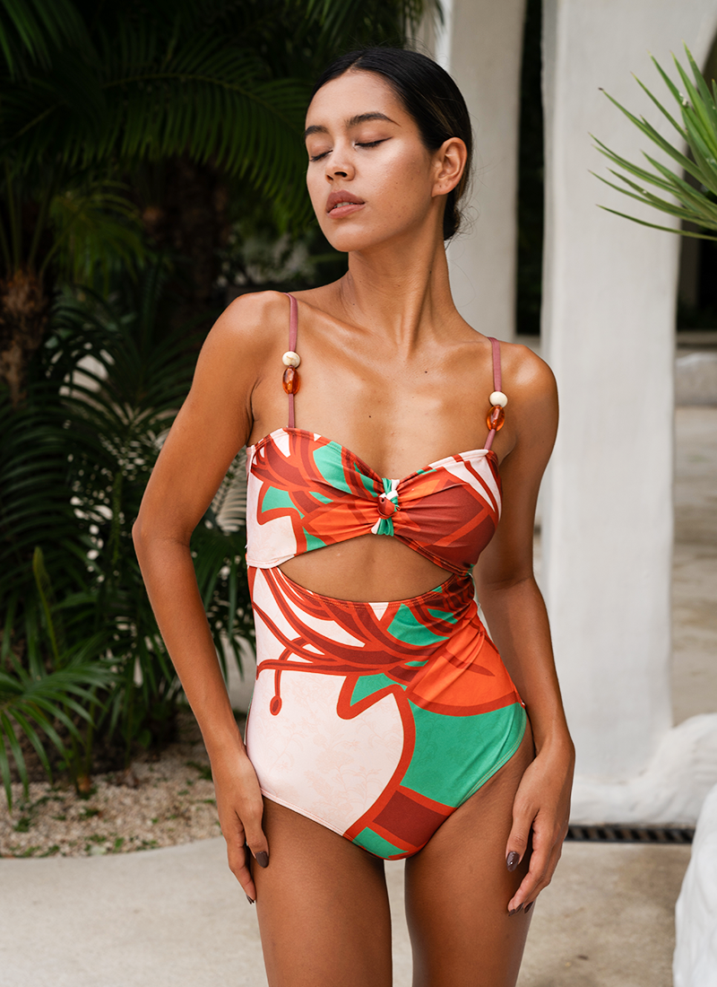 Sling Cut Out Artificial Stone One Piece Swimsuit and Sarong Flaxmaker