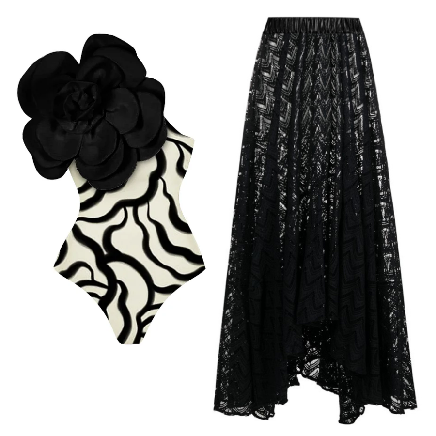 3D Flower Printed One Piece Swimsuit and Skirt Flaxmaker