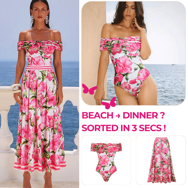 Ruched Off Shoulder Flower Print One Piece Swimsuit and Skirt