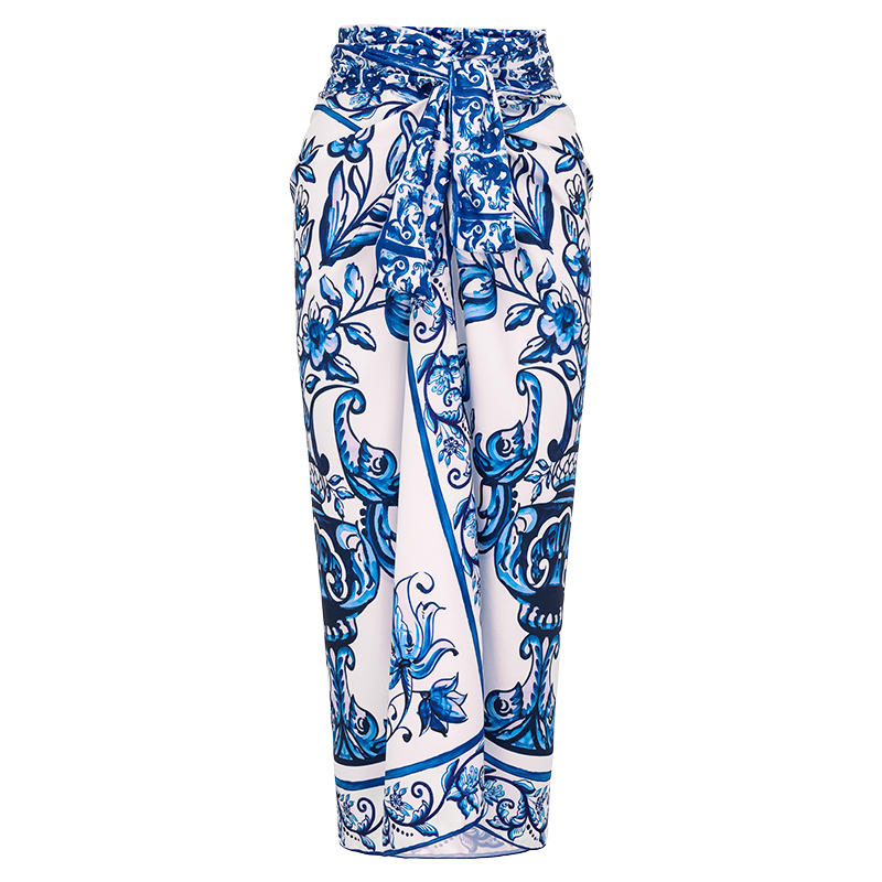 Ruffle Blue and White Porcelain Pattern Majolica Print One Piece Swimsuit and Skirt or Sarong