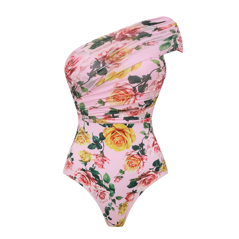 Plus Size Rose One Shoulder One Piece Swimsuit and Skirt