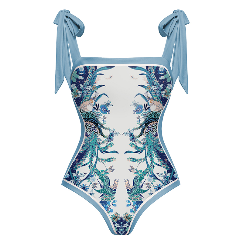 Flaxmaker Blue Reversible Bowknot Tie-shoulder One Piece Swimsuits and Sarong