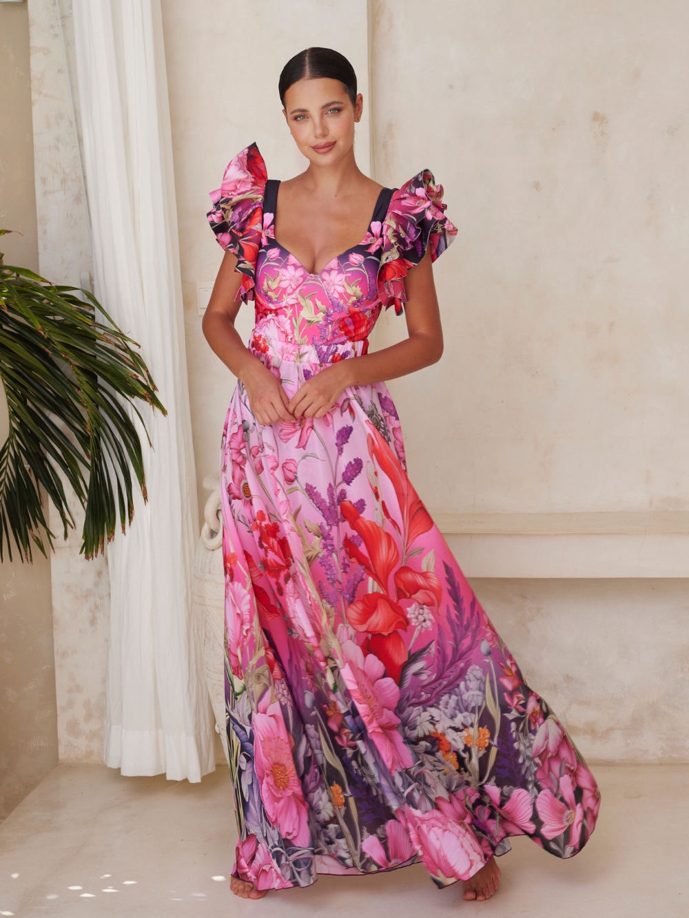 Ruffled Blooming Flowers Print One Piece Swimsuit and Sarong