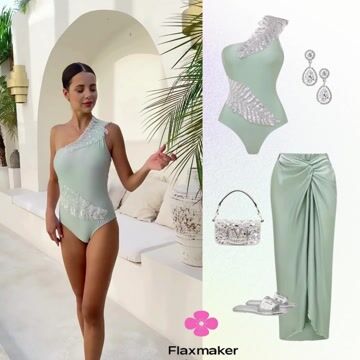 One Shoulder Sequin Leaf Embroidery One Piece Swimsuit and Sarong Flaxmaker