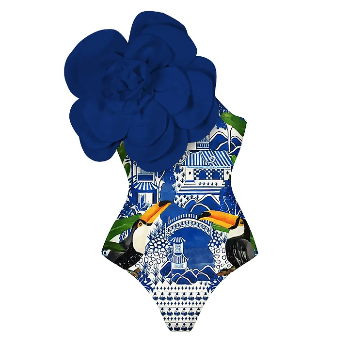 3D Flower One Shoulder One Piece Swimsuit and Sarong Flaxmaker