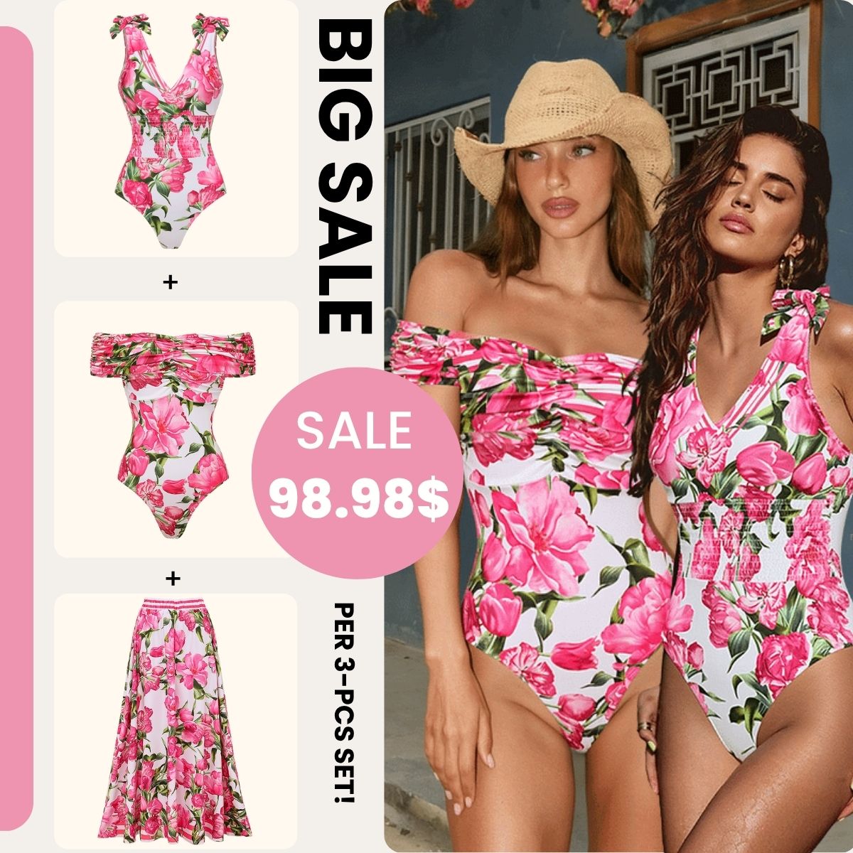 Ruched Off Shoulder Flower Print One Piece Swimsuit and Skirt