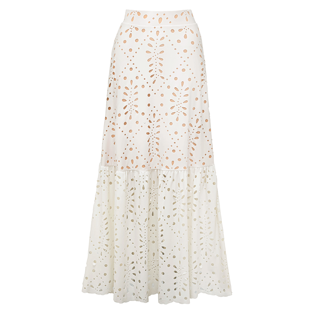 V Neck Solid Color Laser Cutting Flower One Piece Swimsuit and Skirt