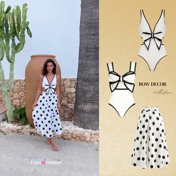 3D Bow Decor Black and White One Piece Swimsuit and Skirt