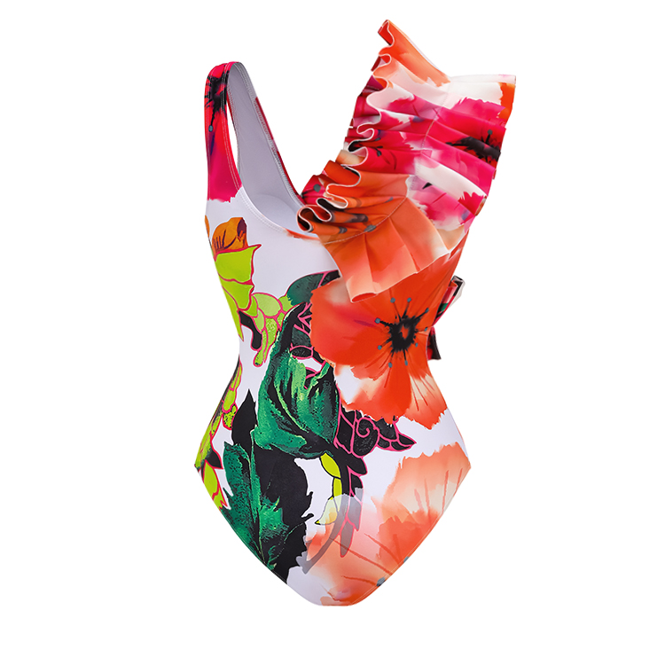 Ruffled Floral Print One Piece Swimsuit and Skirt Flaxmaker