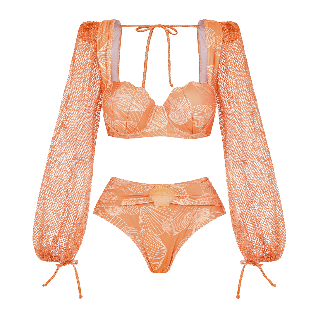 Shell Print Long Sleeve One Piece Swimsuit