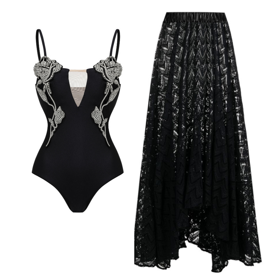 Rhinestones Flower Decor One Piece Swimsuit and Skirt Flaxmaker