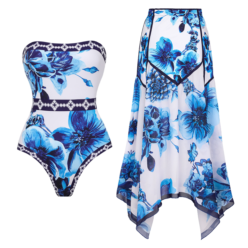 Floral Series Pattern Print One Piece Swimsuit and Skirt