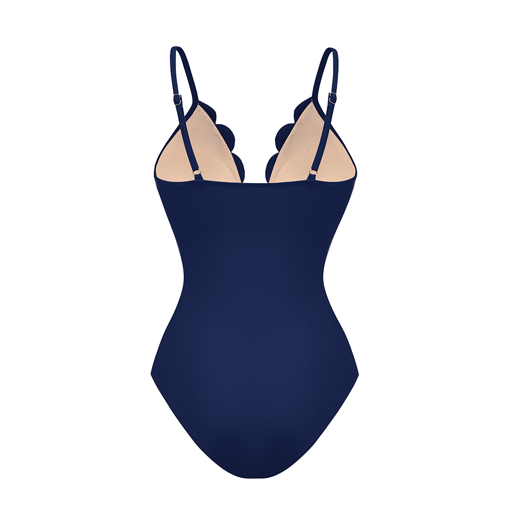 Navy Blue Laser Cutting Flower Hollow One Piece Swimsuit and Skirt