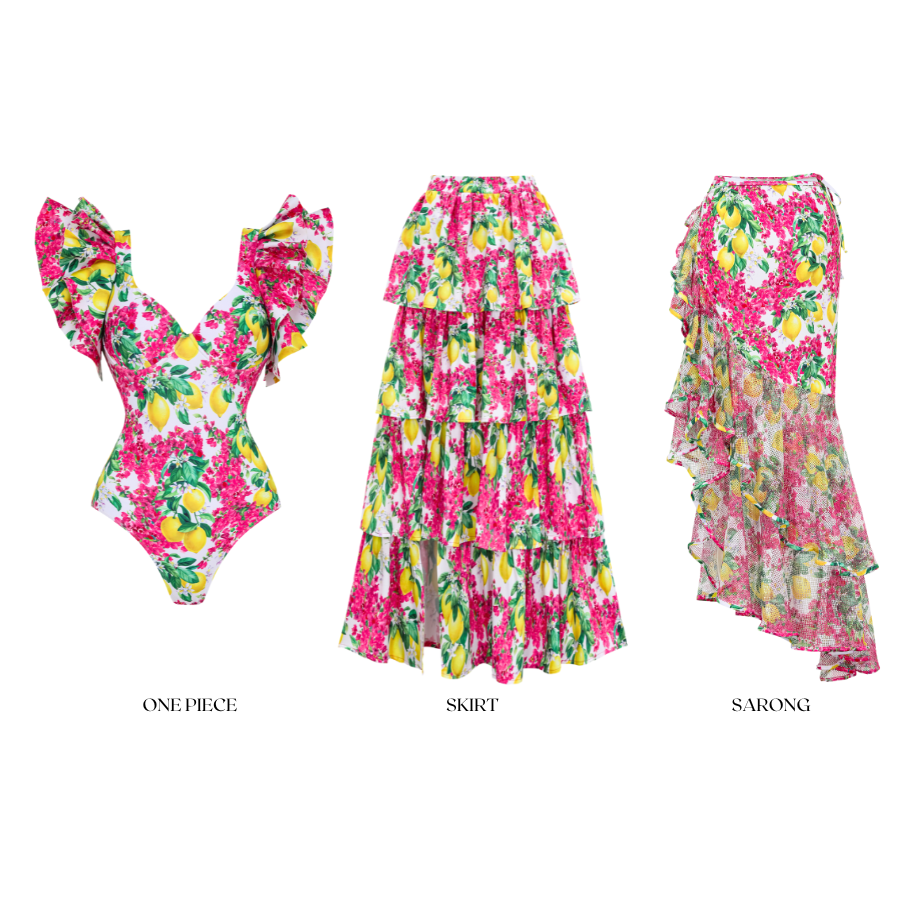 Ruffled Lemon Floral Print One Piece Swimsuit and Tiered Skirt