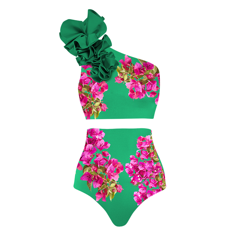 Pink Bougainvillea Flower Printed Bikini Swimsuit and Skirt Flaxmaker