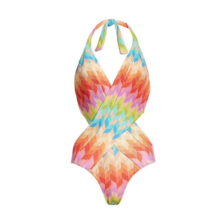 Halter Cut Out Printed One Piece Swimsuit and Sarong Flaxmaker