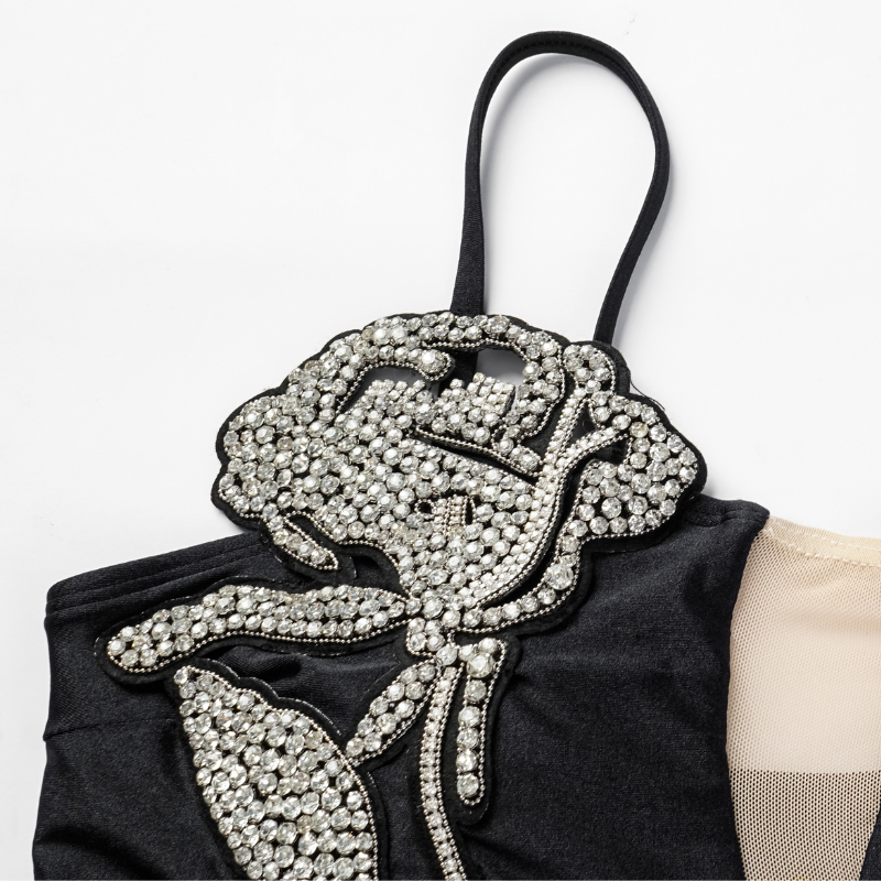 Rhinestones Flower Decor One Piece Swimsuit and Skirt Flaxmaker